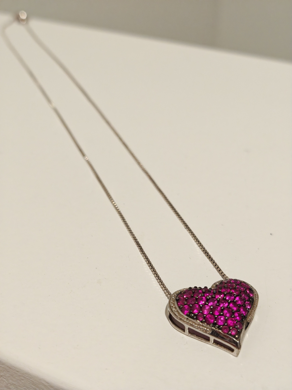 925 Italy Silver Heart Pendant Necklace with Pink Sapphires